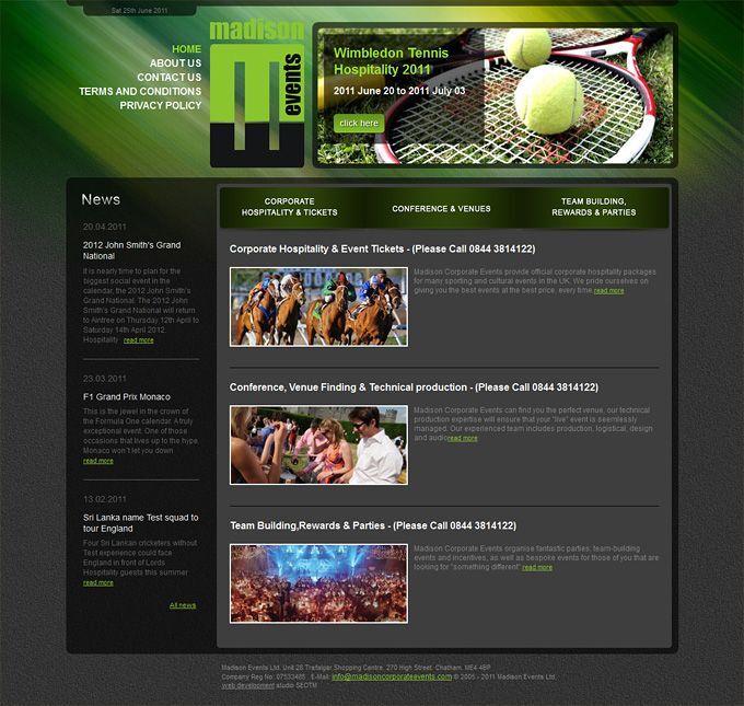 The site of the UK company «Madison Corporate Events», which offers its international clients packet corporate parties.